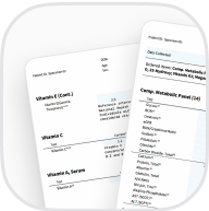 Two overlapping pages display medical test results, showing various vitamin levels and metabolic panel information.