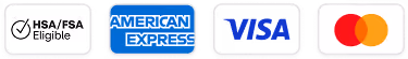 Four credit card logos: HSA/FSA Eligible, American Express, Visa, and Mastercard.