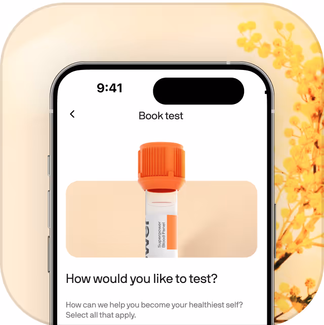A smartphone screen shows an app with an option to book a health test.