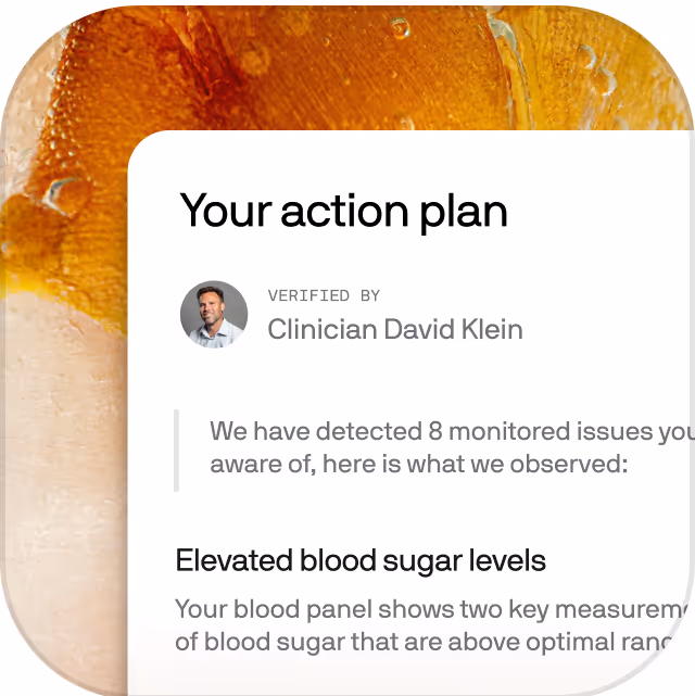 Profile image of a clinician and text about elevated blood sugar levels in a health report.