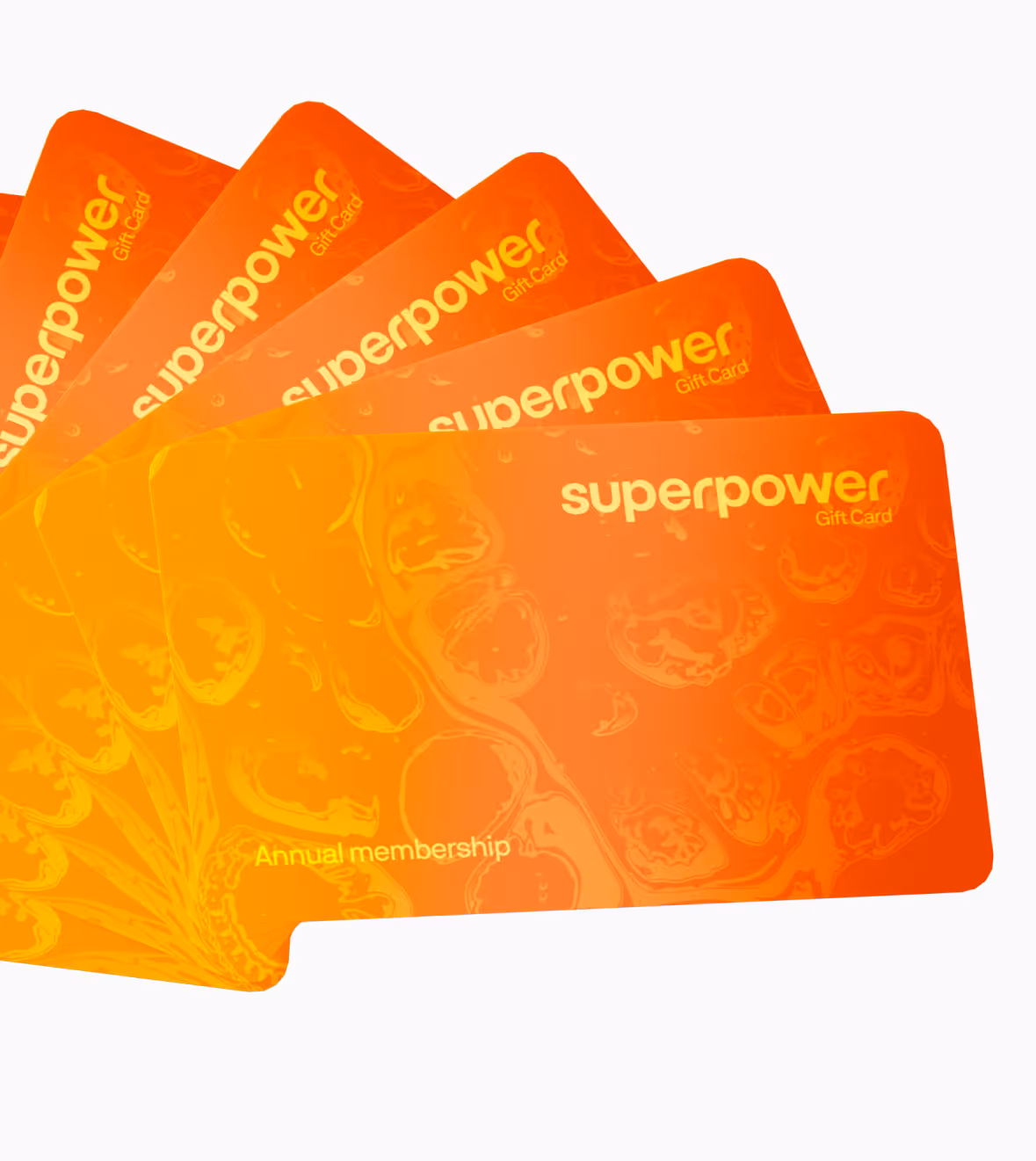 Several overlapping orange gift cards with the text "superpower" and "Annual membership."