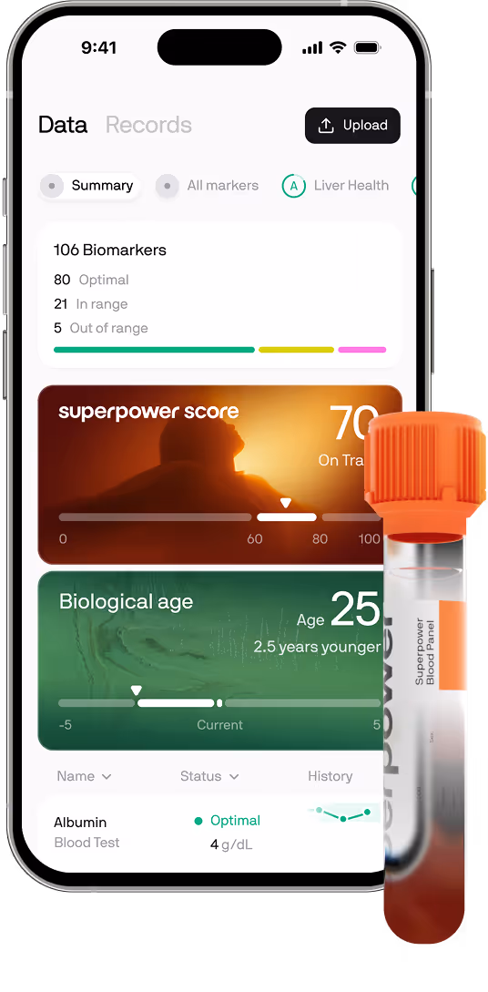 A smartphone displays health data, showing superpower score and biological age, with a blood sample vial nearby.