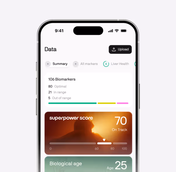 Smartphone screen showing health data with a superpower score of 70 and biological age of 25.