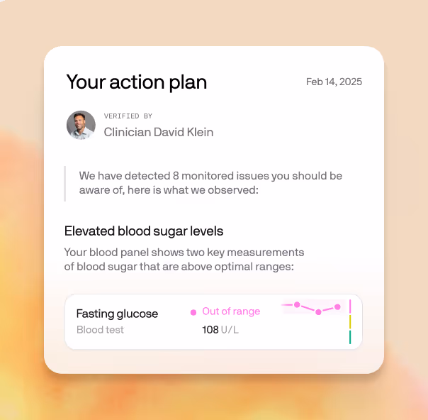 A health report indicates elevated blood sugar levels, showing fasting glucose out of range at 108 U/L.