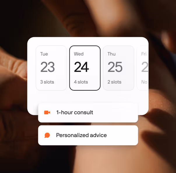 Calendar interface showing dates with available time slots and options for a one-hour consult and personalized advice.