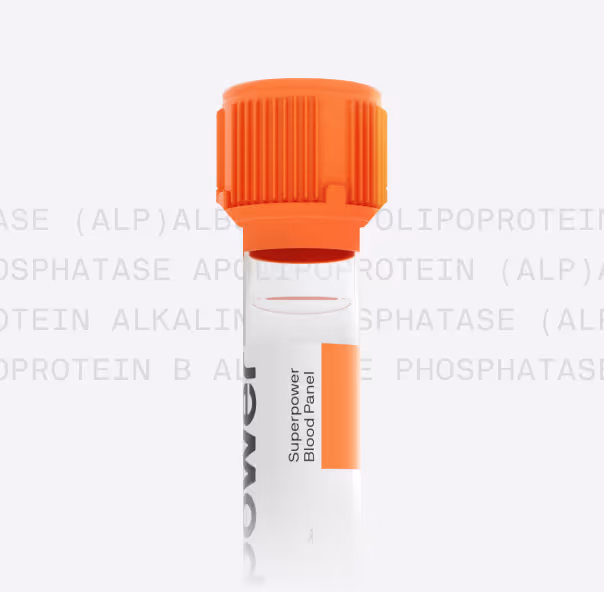 Small vial with orange cap labeled "Superpower Blood Panel" against text background.