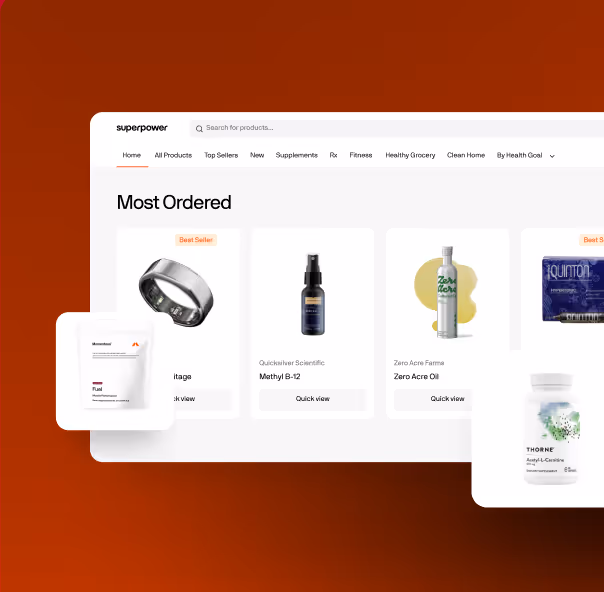Online store page showing most ordered products, including rings, supplements, and skincare items.