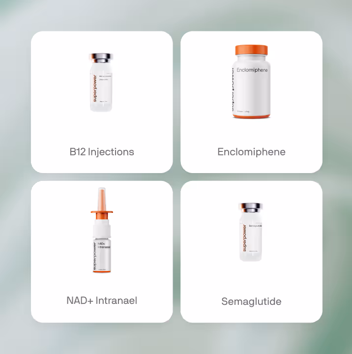 Four medical products: B12 injections, Enclomiphene, NAD+ intranasal, and Semaglutide, displayed in separate boxes.