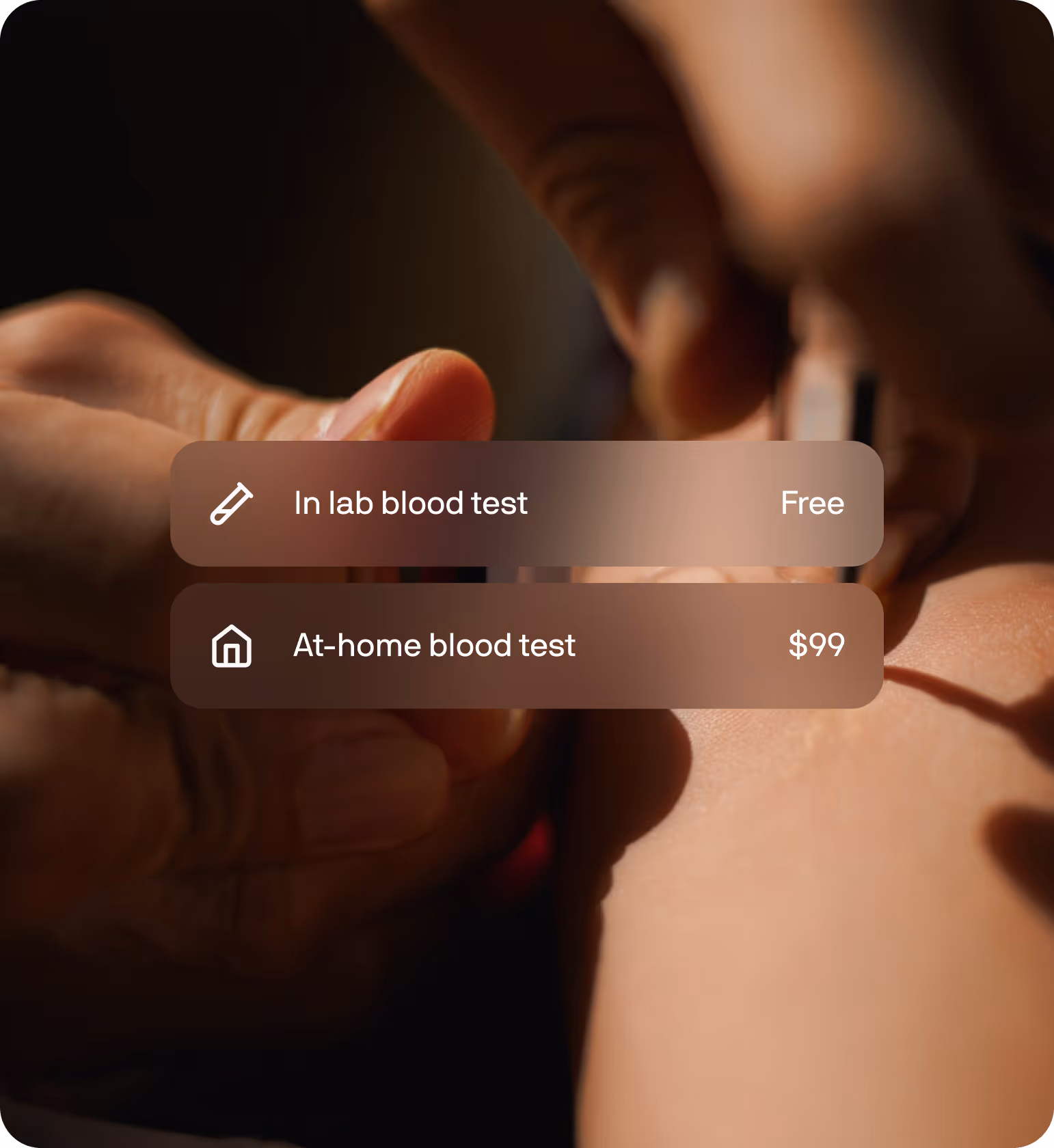 Person receiving a blood test, with options for in-lab (free) or at-home ($99) services shown.