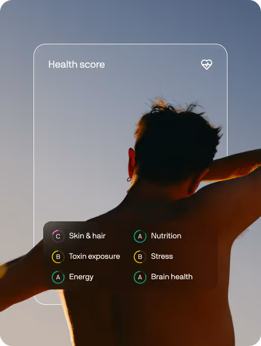 A person stands outdoors with a transparent health score chart overlay showing various health categories.
