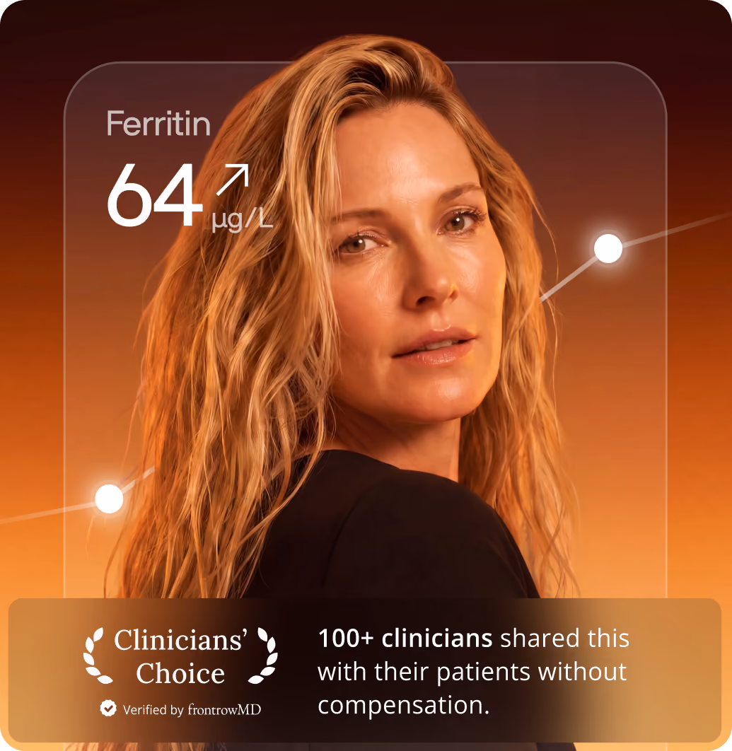 Woman with Ferritin biomarker result overlay — 100+ clinicians shared Superpower with their patients without compensation