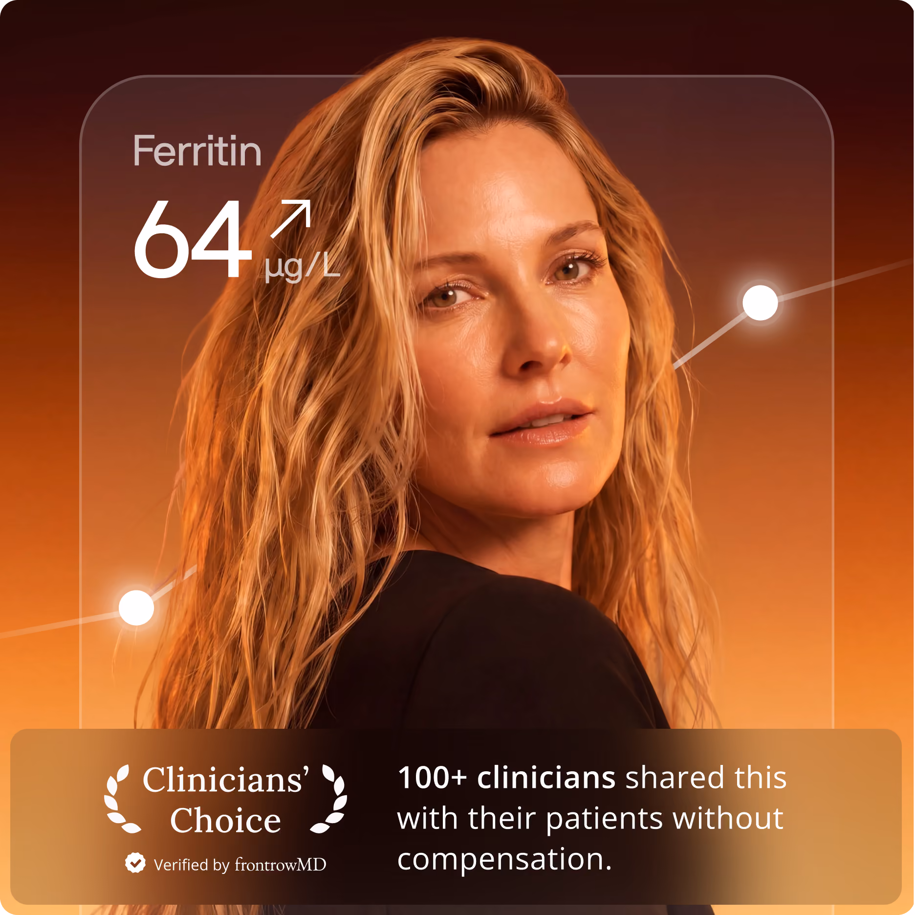 Woman with Ferritin biomarker result overlay — 100+ clinicians shared Superpower with their patients without compensation