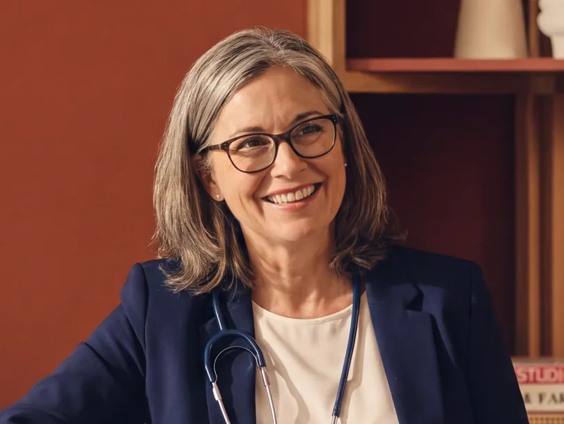 Smiling clinician with glasses and a stethoscope