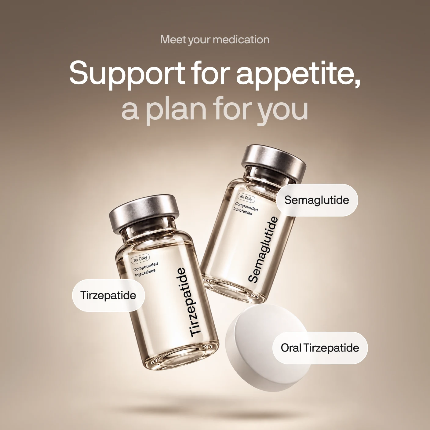 Compounded semaglutide and tirzepatide vials with an oral tirzepatide tablet