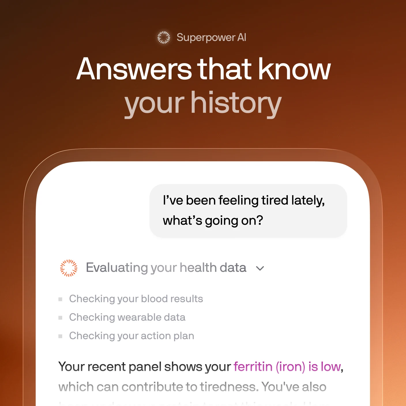 Superpower AI answering a question about tiredness using the member's blood results