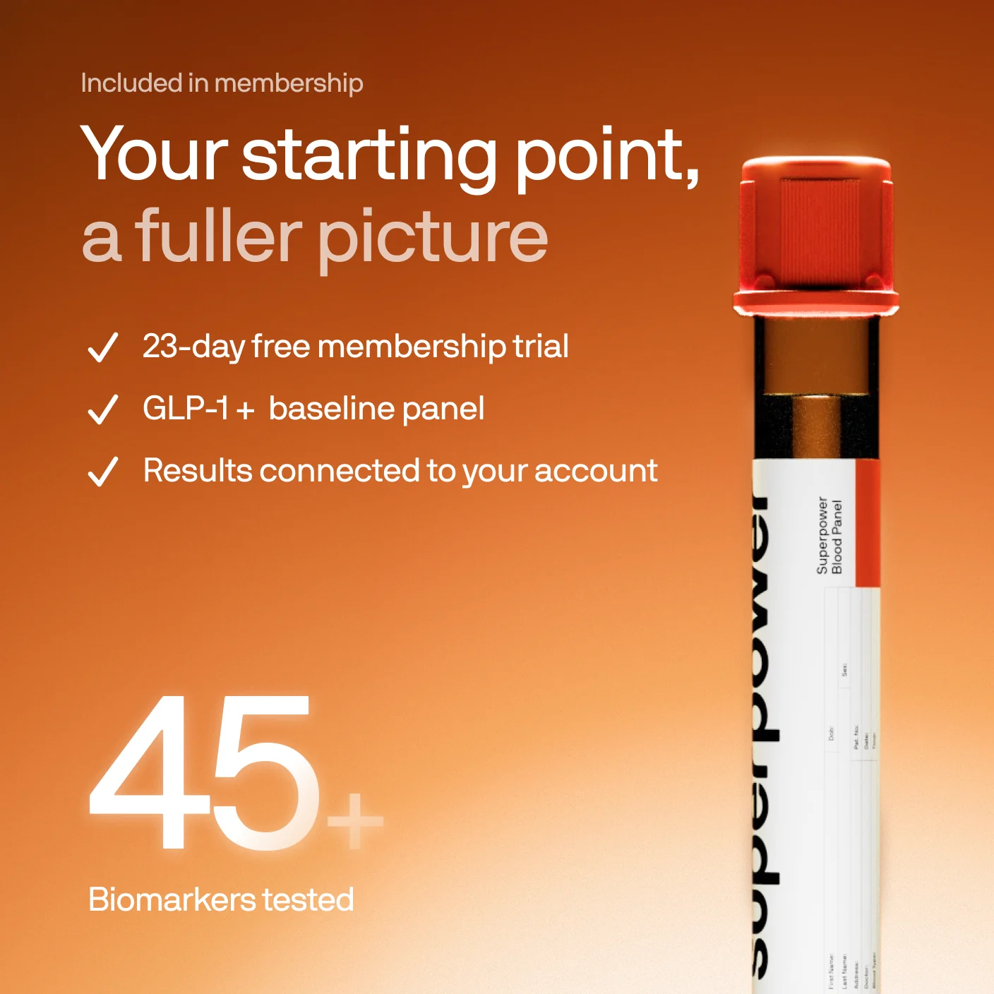 Superpower blood panel tube: 23-day free membership trial, 45+ biomarkers tested