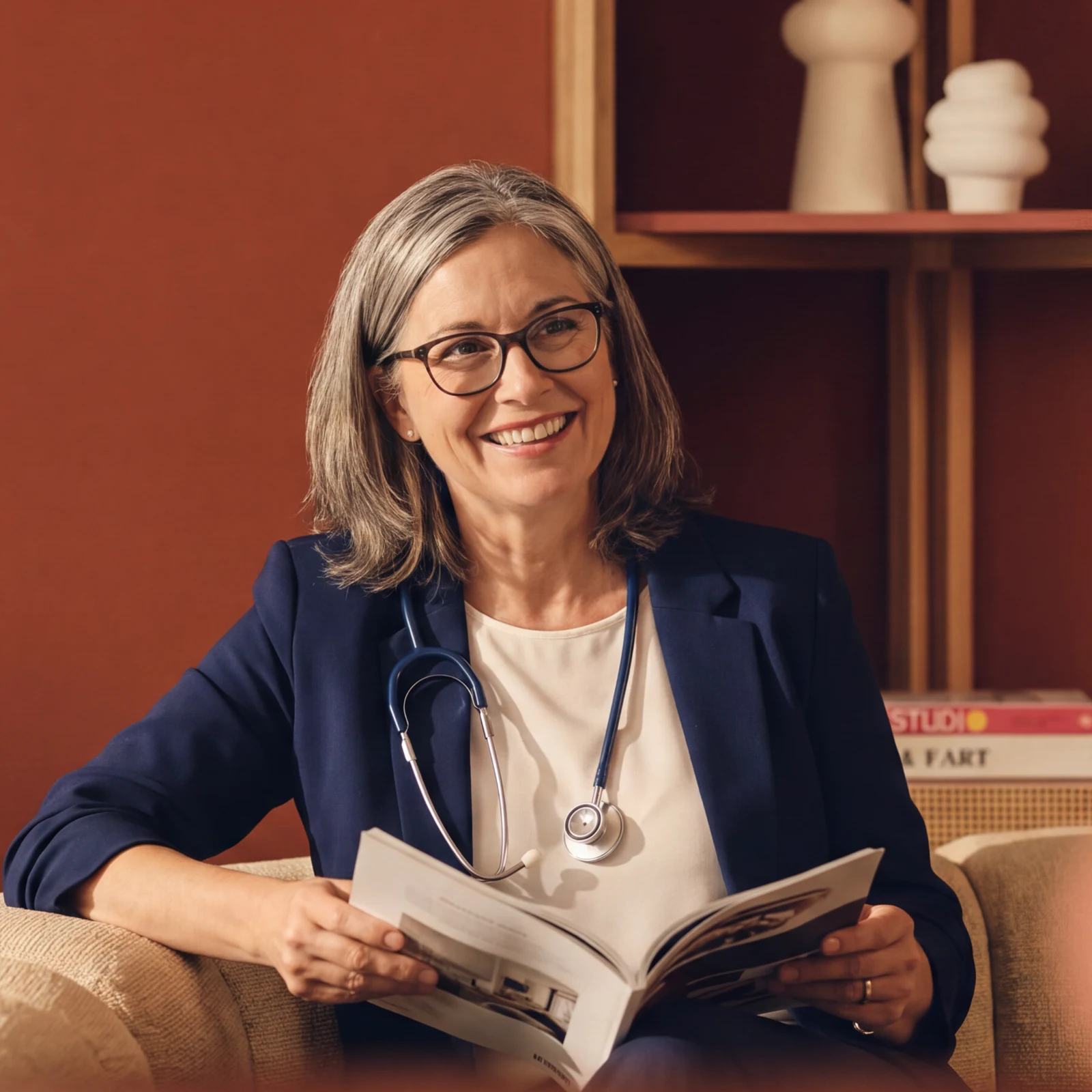 Smiling clinician reading in a warm office