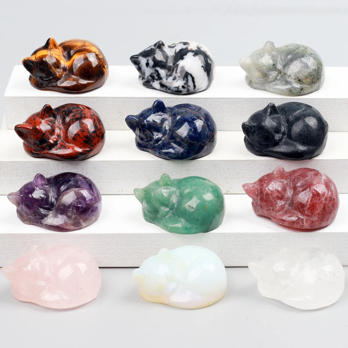 Various Crystal Energy Stones Carved Cats Rose Quartz Kitten Figurine, Natural Stone, Jade Mini Sleeping Cat, Chakra, Home Decor