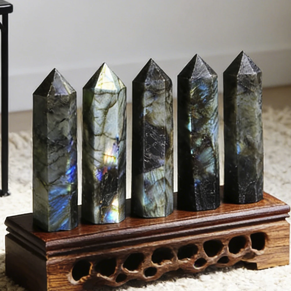 Natural Labradorite Single-Pointed Obelisk | Polished Crystal Point Column for Energy Intuition & Mystical Room Decor