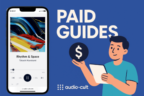 A museum visitor uses the Audio-Cult audio guide to explore the exhibition. We see over the shoulder of a woman with short hair. She is looking at pieces of art on the wall- She is holding a smartphone with the Audio-Cult web-app and listens to the audio guide with air pods in her ear.