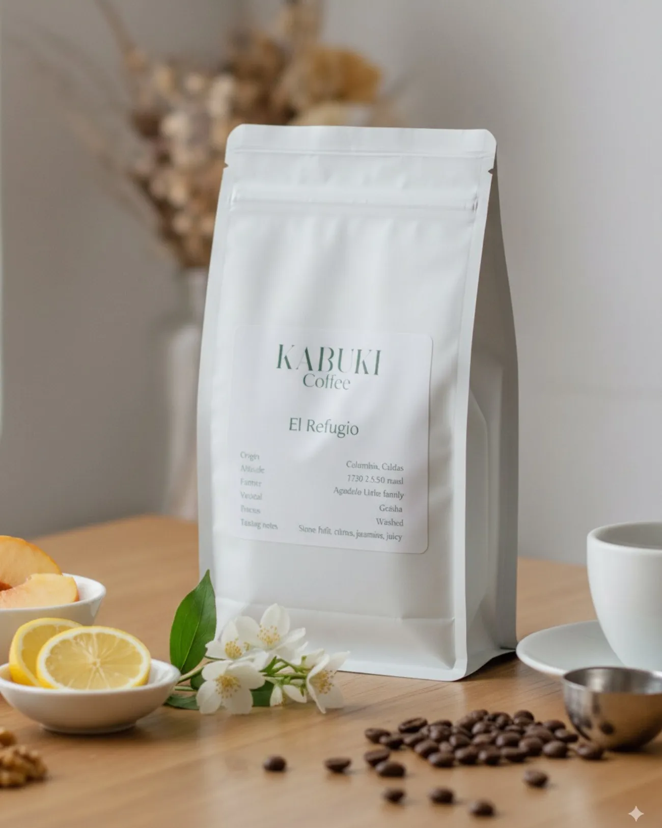 Un sachet blanc de café Kabuki El Refugio posé sur une table en bois, entouré de grains de café, d'une tasse avec sa soucoupe, de tranches de citron, de tranches de pêche et de fleurs blanches.