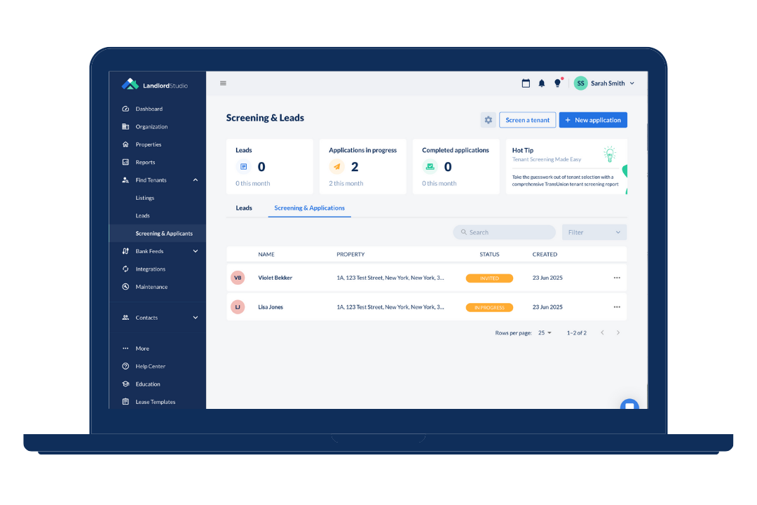 Rental screening tenants software dashboard