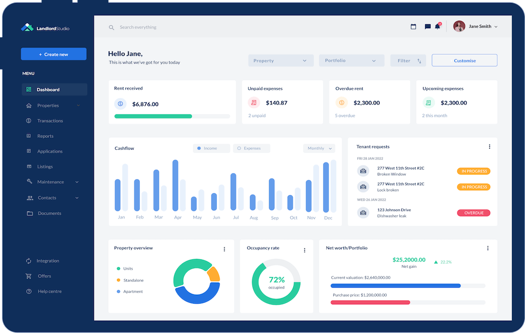 Landlord using software to calculate cap rate and manage rental property portfolio