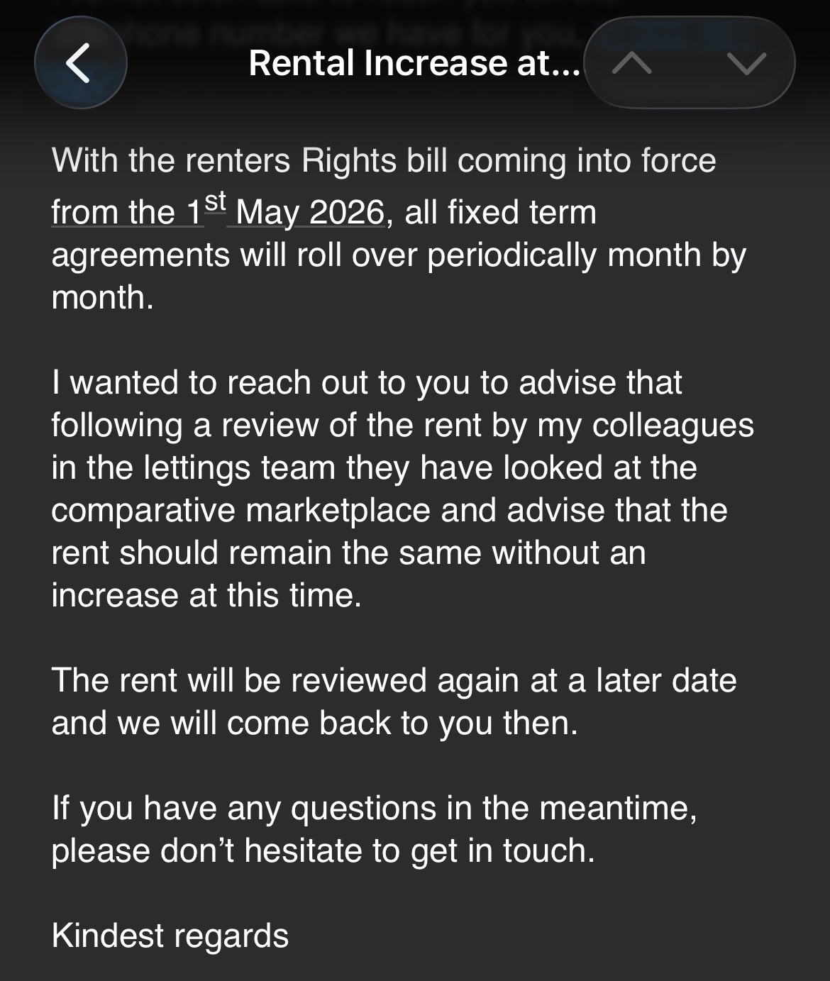 Screenshot from letting agent on rent increase evaluation