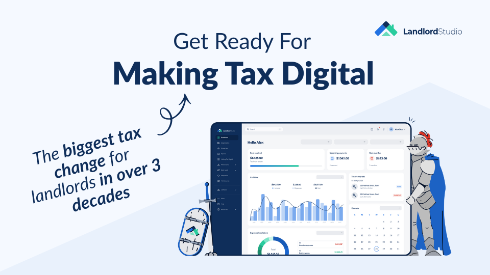 Landlord Studio webinar promo: “Get Ready for Making Tax Digital — the biggest tax change for landlords in over three decades,” with an illustration of the Landlord Studio dashboard.