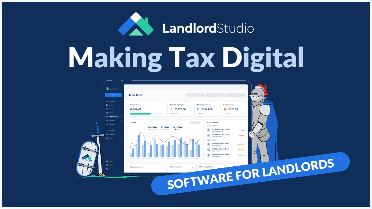 Landlord Studio webinar promo: “Making Tax Digital — software for landlords,” with an illustration of the Landlord Studio dashboard.