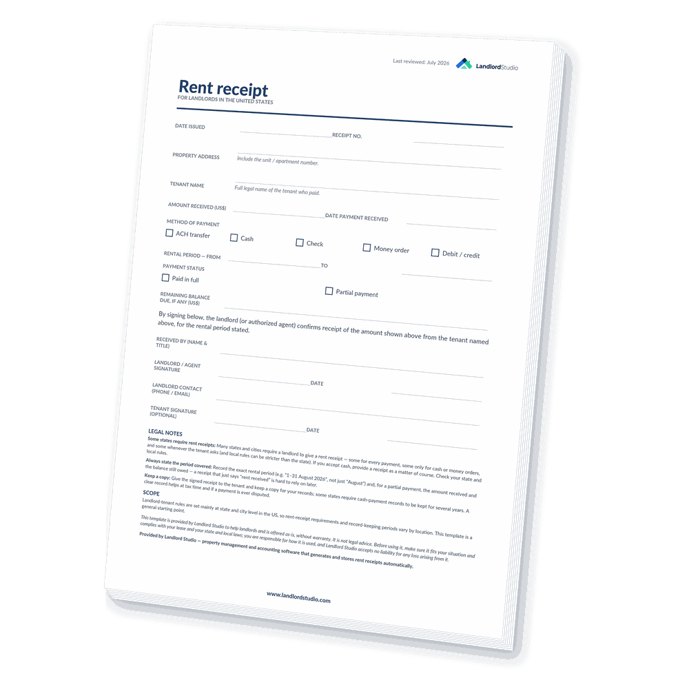 Cover of Landlord Studio's Rent Receipt template for the United States