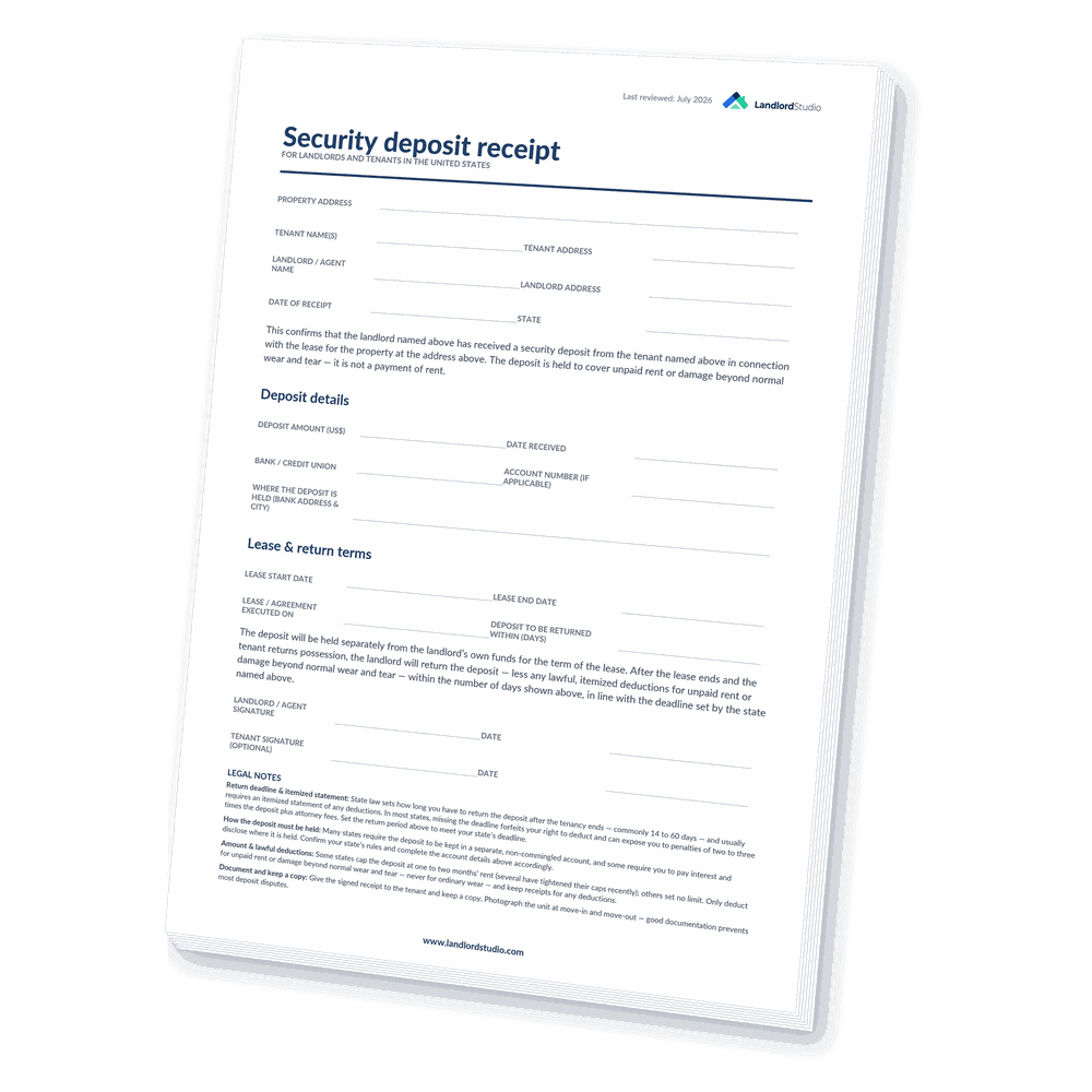 Cover of Landlord Studio's Security Deposit Receipt template for the United States