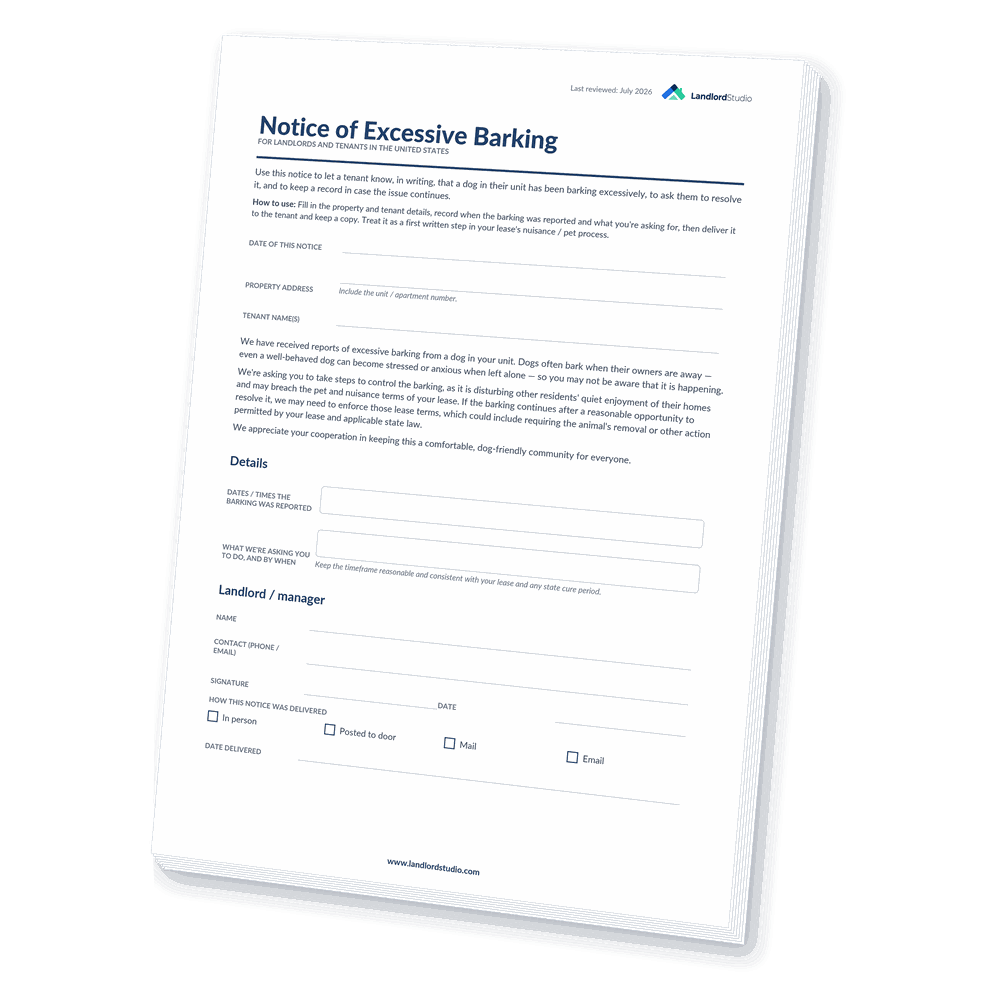 Cover of Landlord Studio's Notice of Excessive Barking template for landlords and tenants in the United States