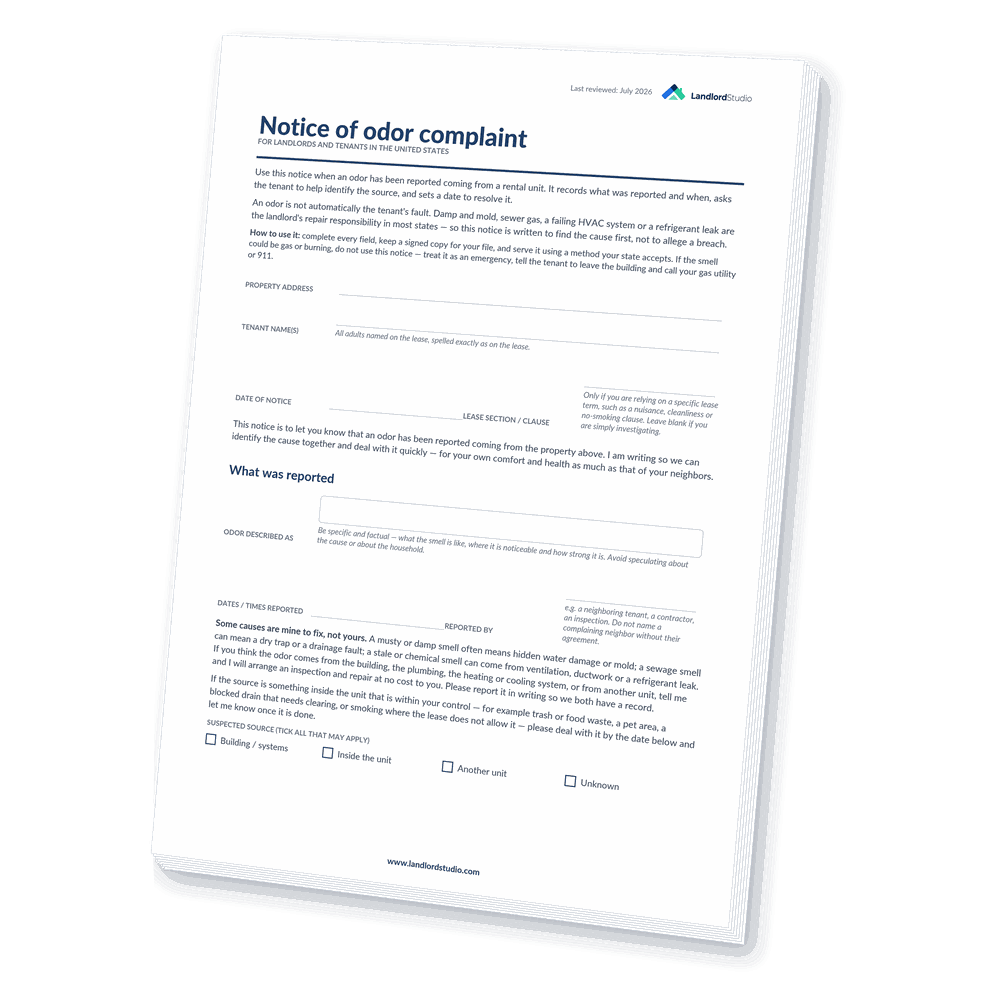 Cover of Landlord Studio's Notice of Odor Complaint template for landlords and tenants in the United States