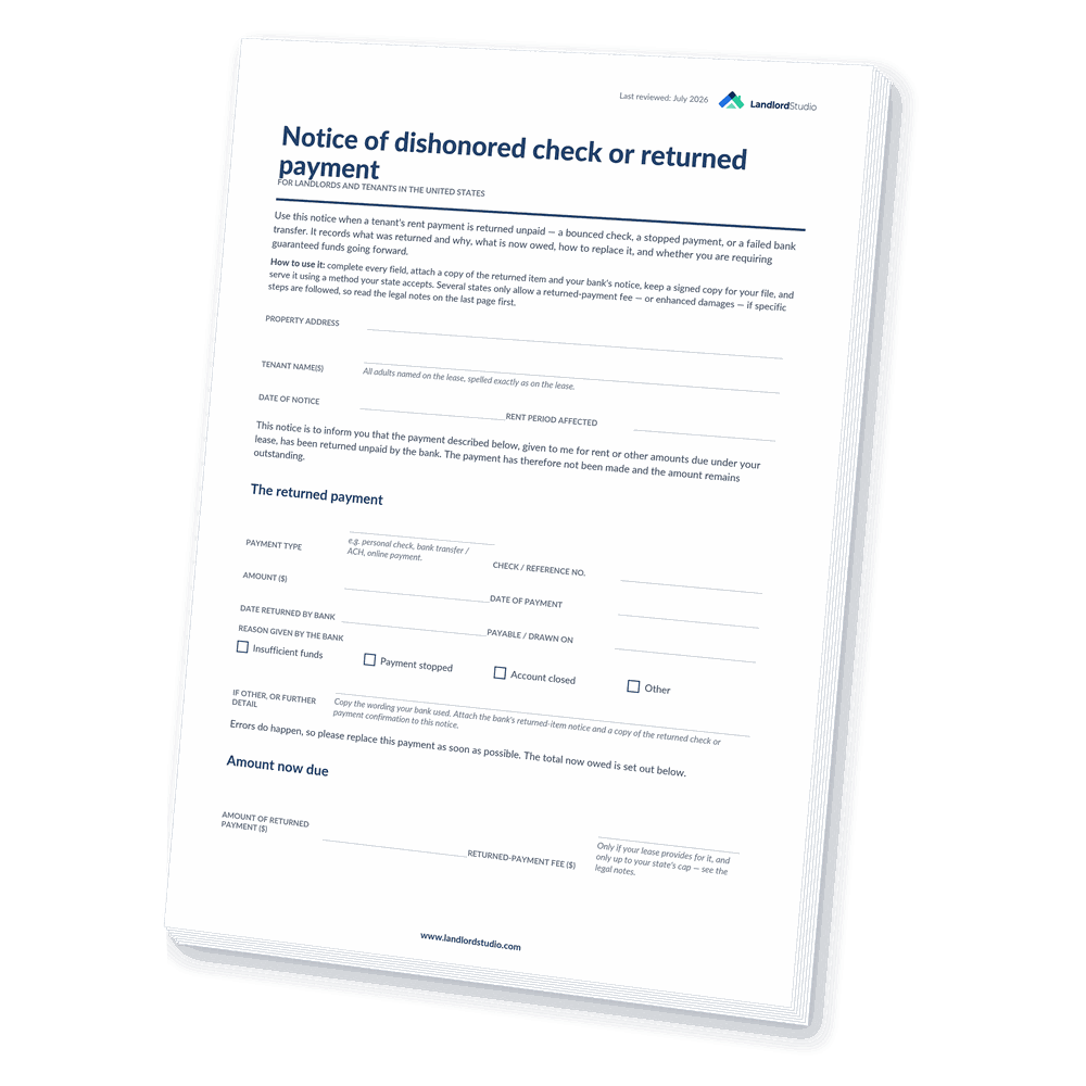 Cover of Landlord Studio's Notice of Dishonored Check or Returned Payment template for the United States