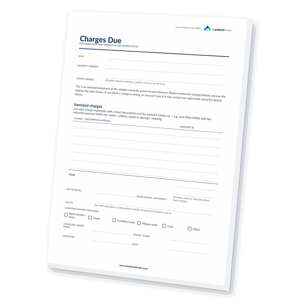 Cover of Landlord Studio's Charges Due statement template for the United States