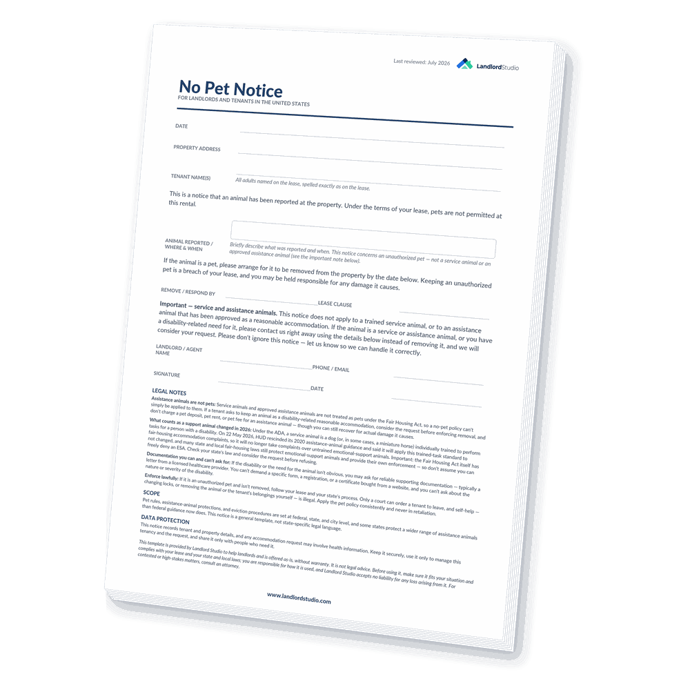 Cover of Landlord Studio's No Pet Notice template for landlords and tenants in the United States