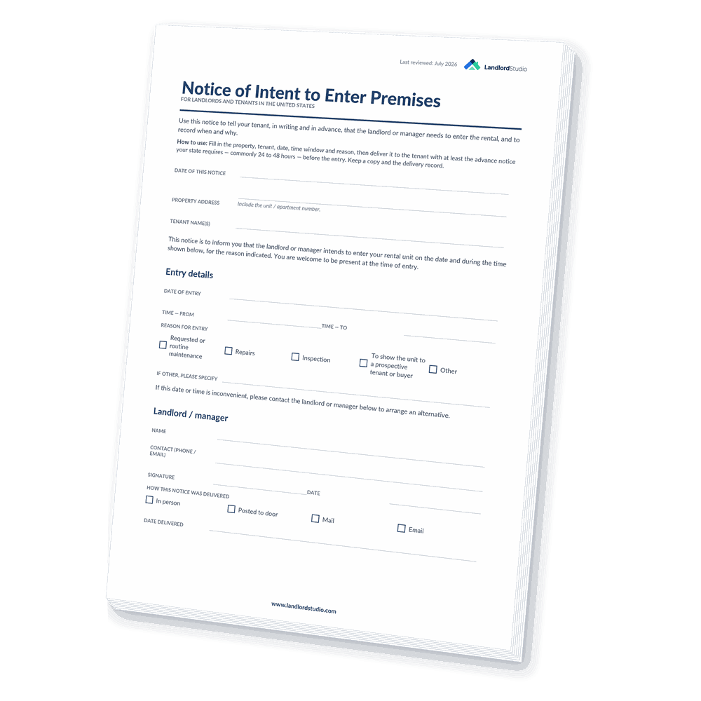Cover of Landlord Studio's Notice of Intent to Enter Premises template for the United States