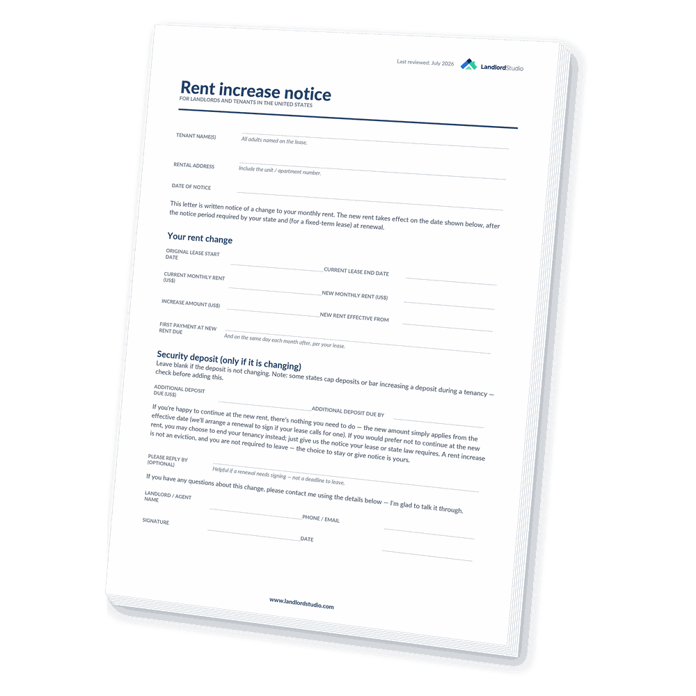 Cover of Landlord Studio's Rent Increase Notice template for the United States