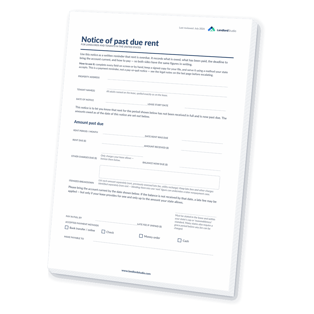 Cover of Landlord Studio's Notice of Past Due Rent template for the United States