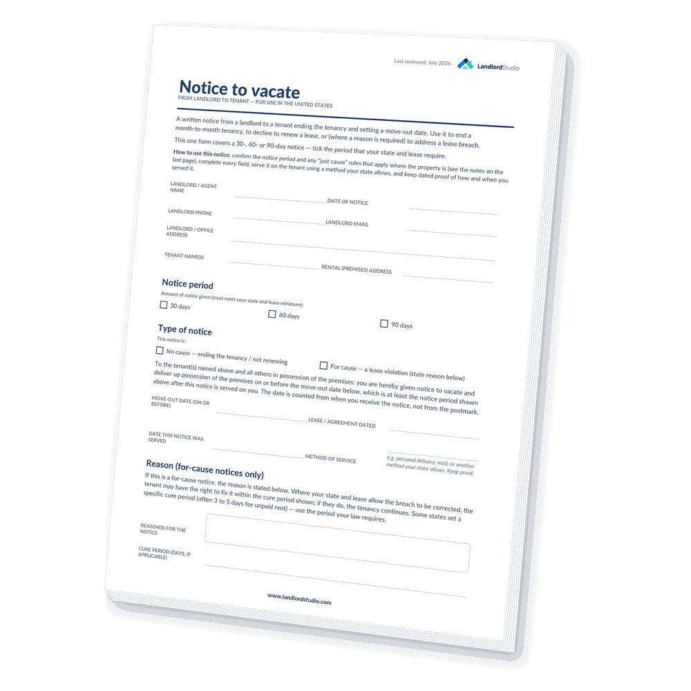 Cover of Landlord Studio's Notice to Vacate template (landlord to tenant) for the United States