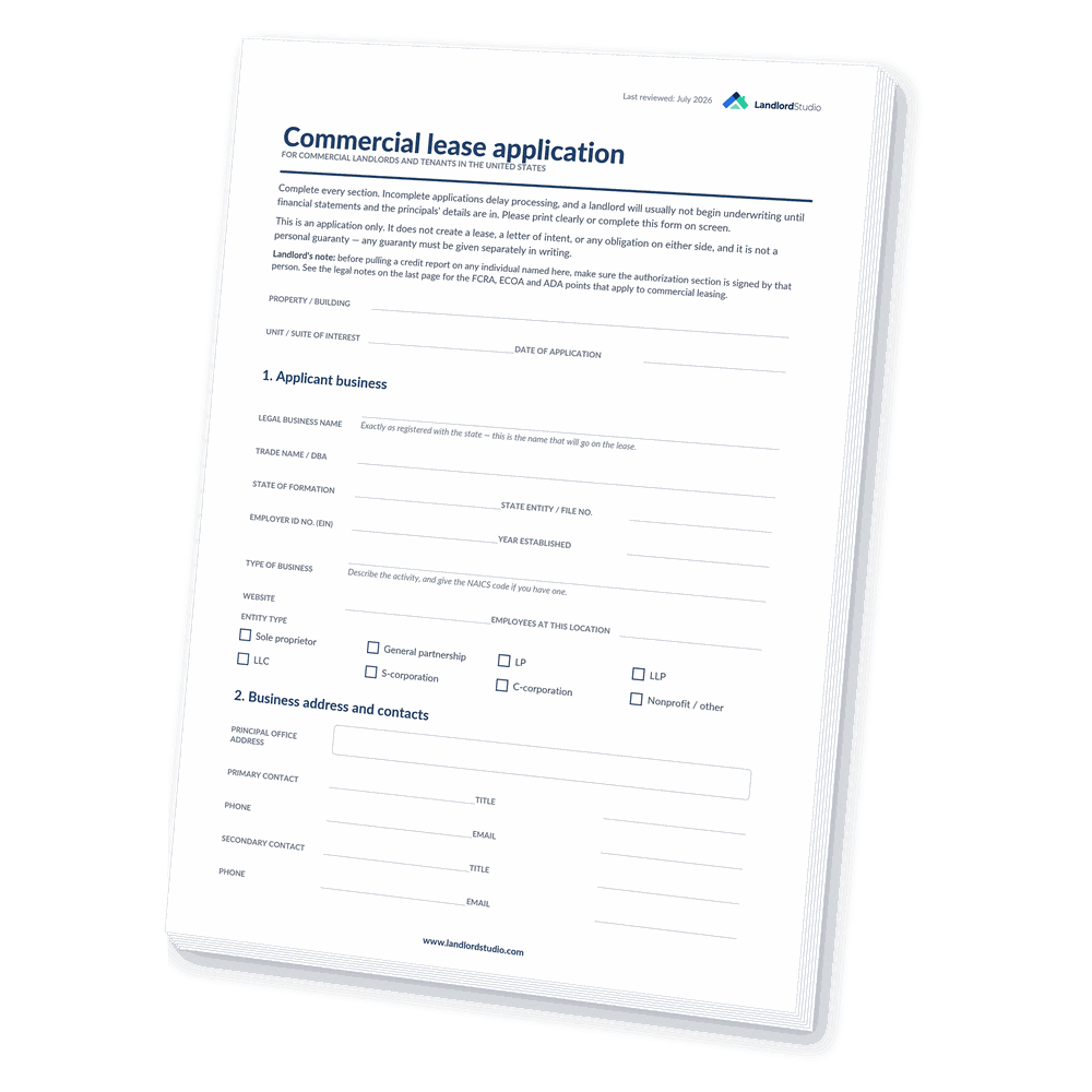 Cover of Landlord Studio's Commercial Lease Application template for the United States