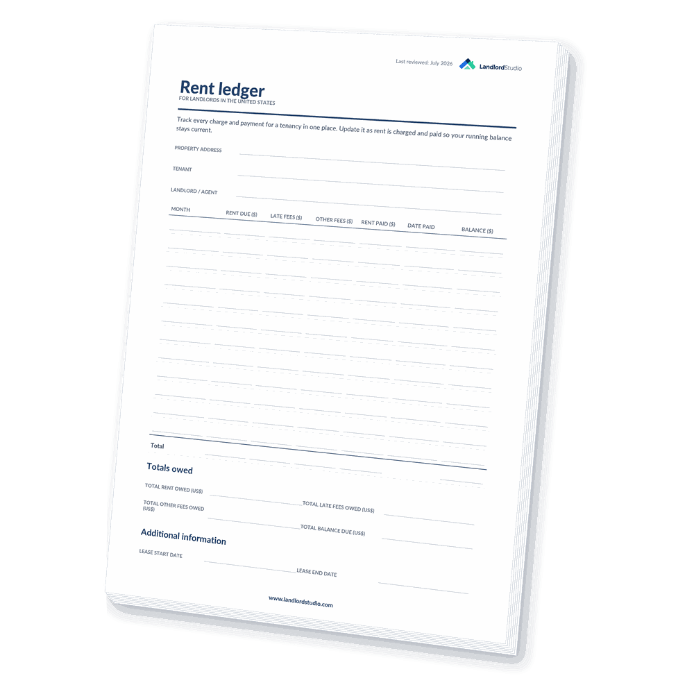 Cover of Landlord Studio's Rent Ledger template for the United States