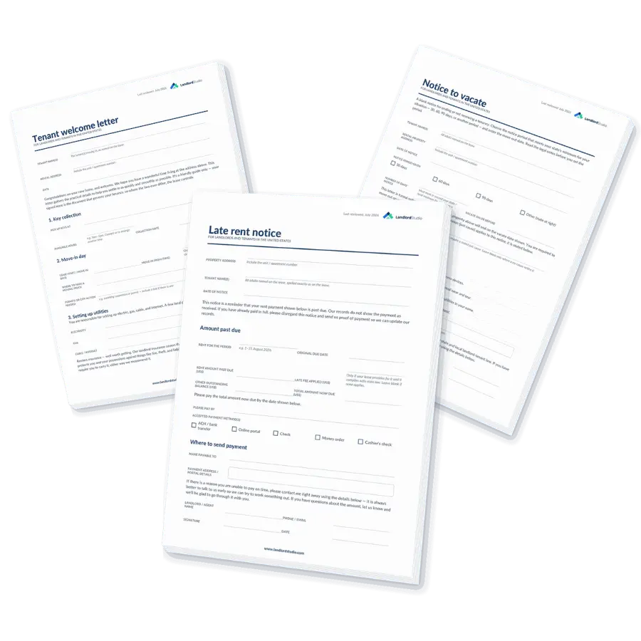 Bundle of Landlord Studio form templates including a tenant welcome letter, late rent notice and notice to vacate