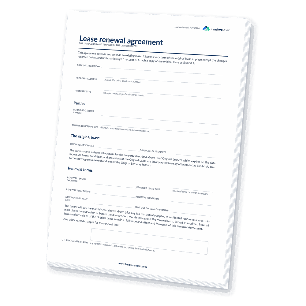 Cover of Landlord Studio's Lease Renewal Agreement template for the United States
