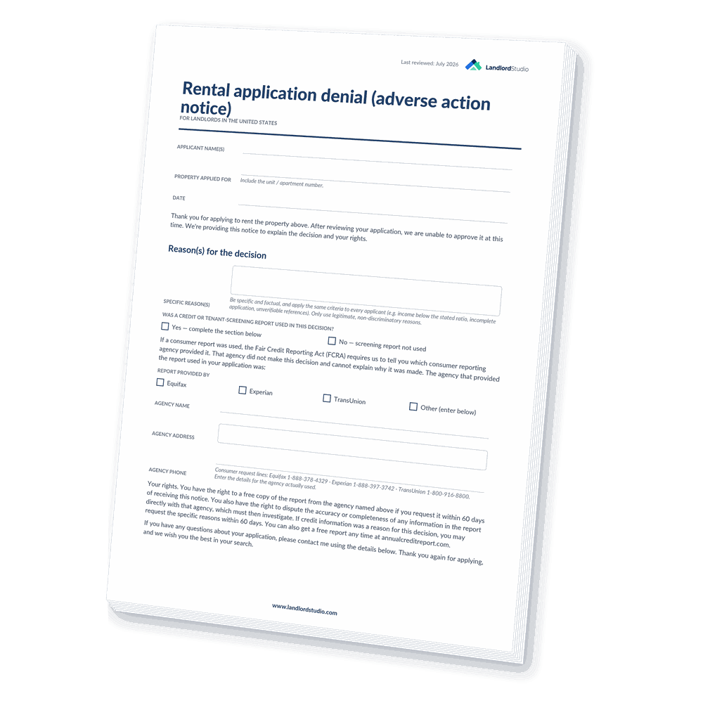 Cover of Landlord Studio's Rental Application Denial (adverse action notice) template for the United States