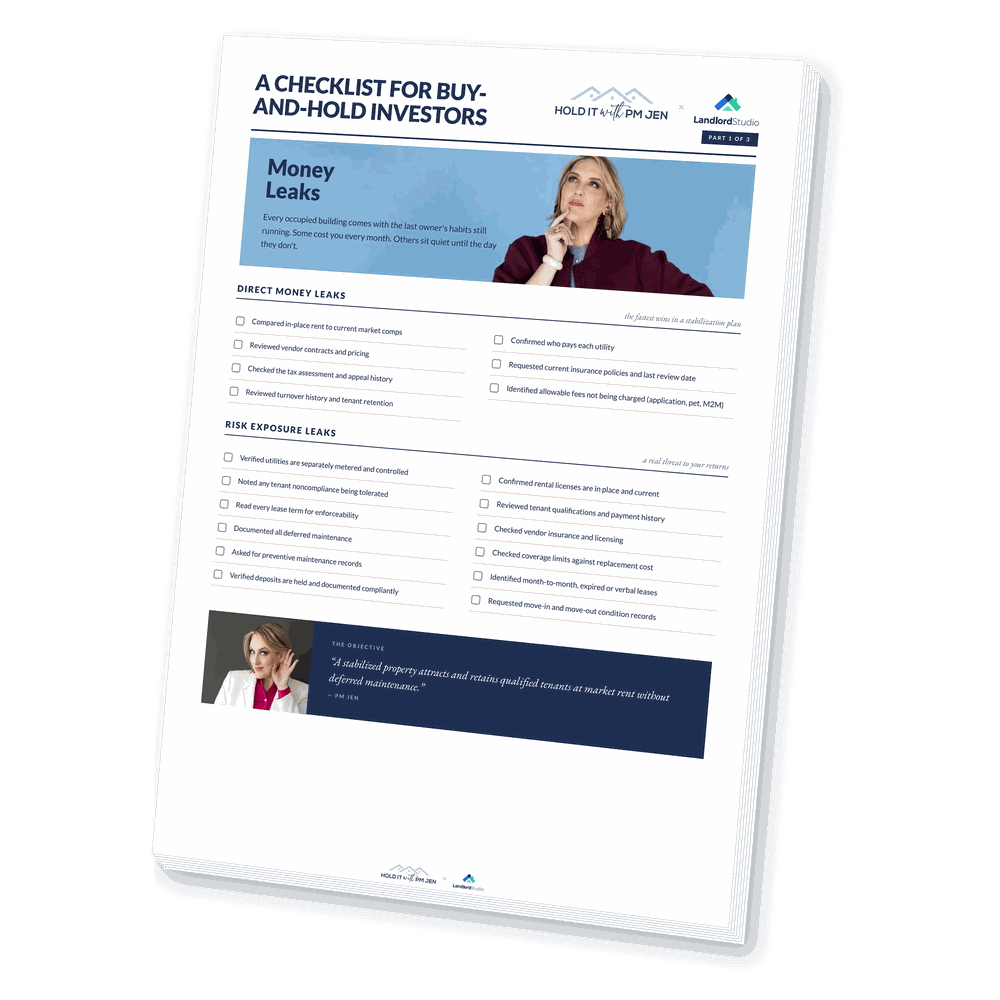 Cover of Landlord Studio's buy-and-hold investor checklist highlighting money leaks and risk exposure