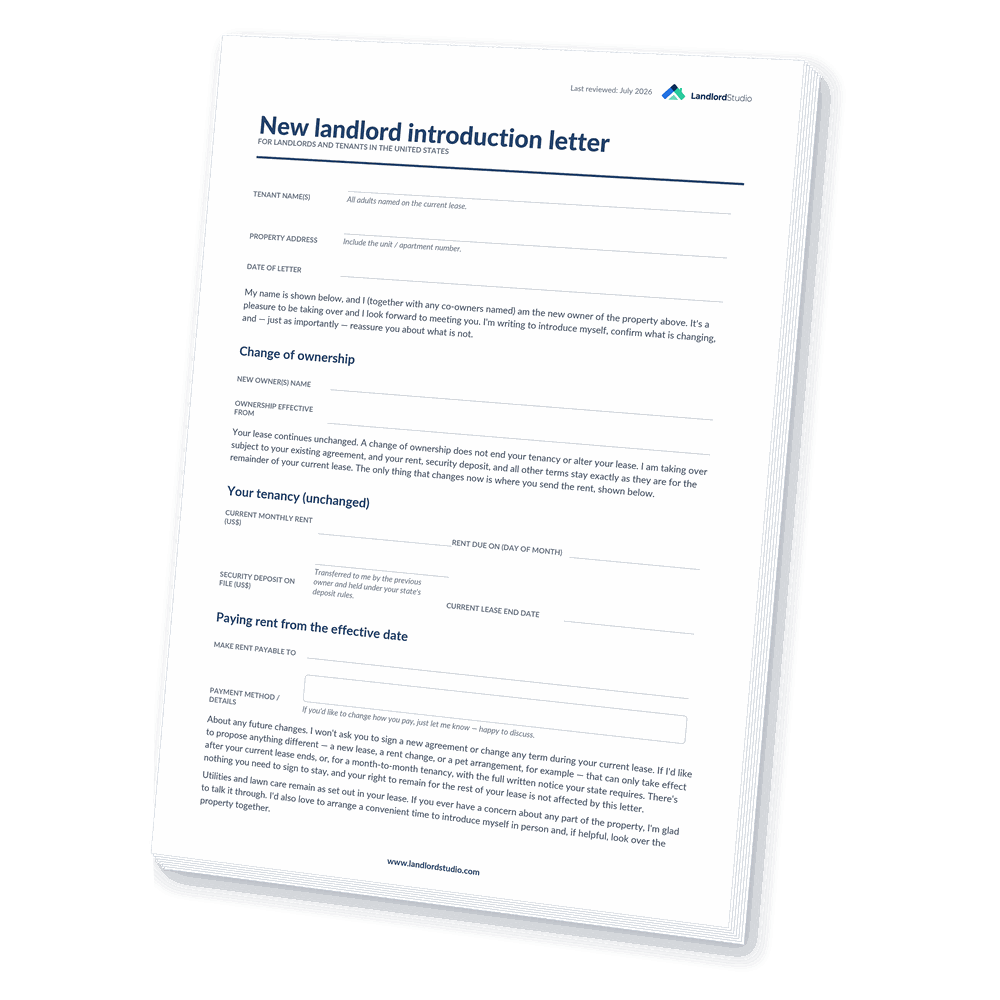 Cover of Landlord Studio's New Landlord Introduction Letter template for the United States