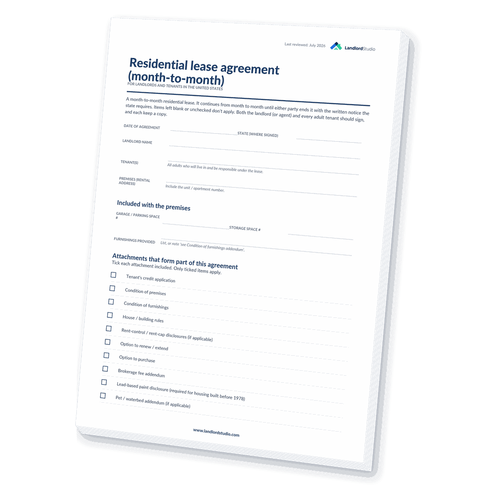 Cover of Landlord Studio's Month-to-Month Lease Agreement template for the United States