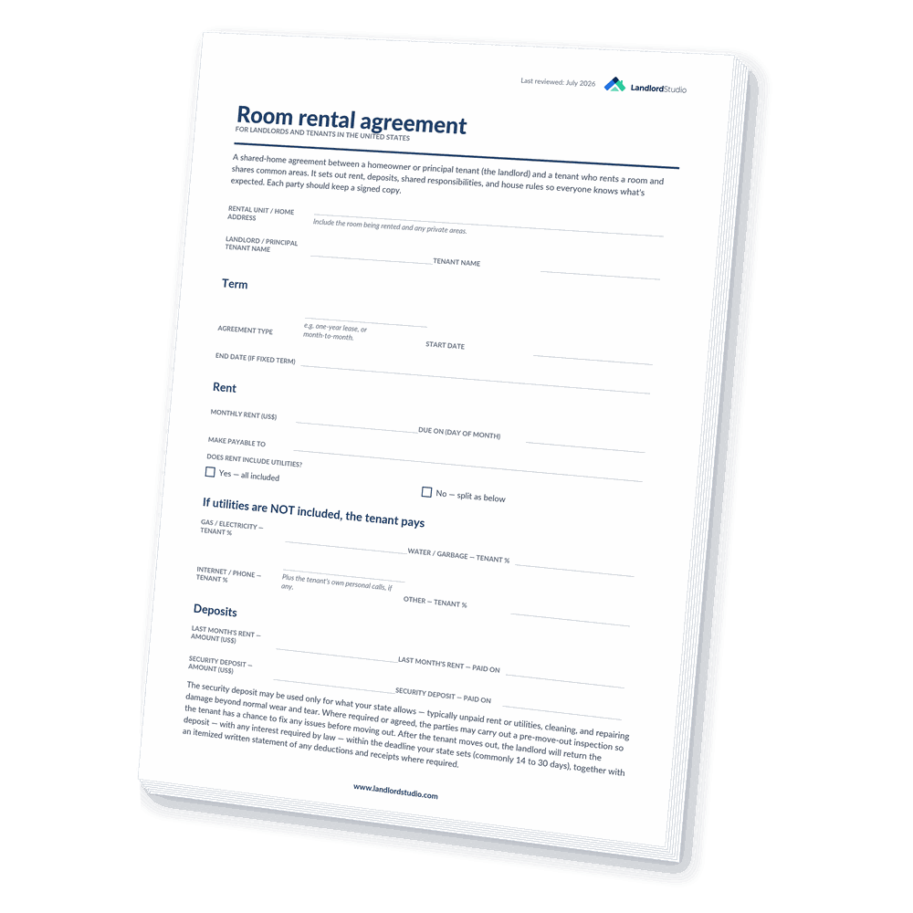 Cover of Landlord Studio's Room Rental Agreement template for the United States